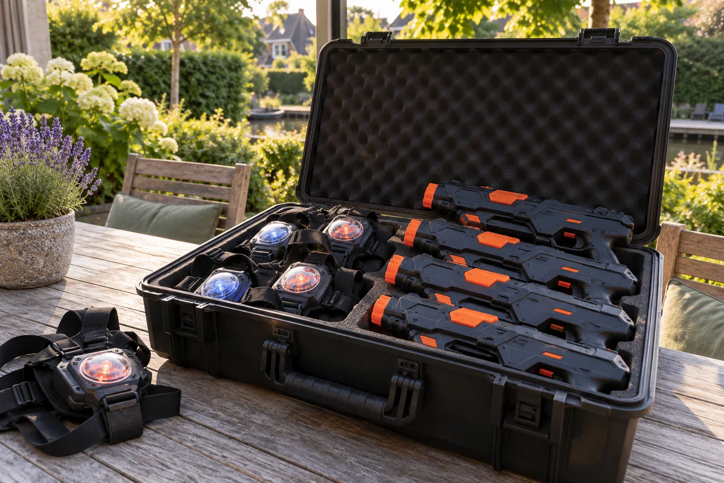 Koffer met kleurrijke lasertagspelapparatuur Koffer met kleurrijke lasertagspelapparatuur