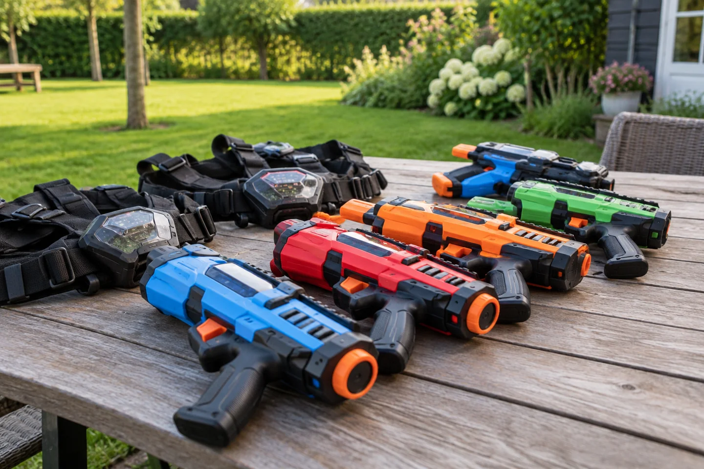 Kunststof lasertagsets met sensoren liggen klaar op een tafel bij een tuin.