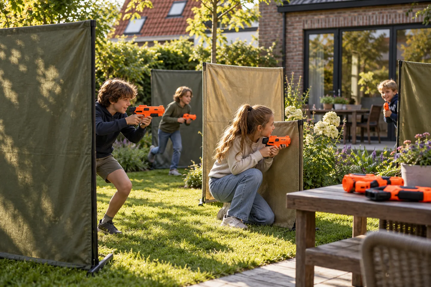 Tuin met tijdelijke speelschermen en speelgoedblasters